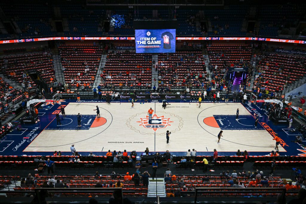 A wide view of the Mohegan Sun Arena court before a 2024 WNBA Playoffs game