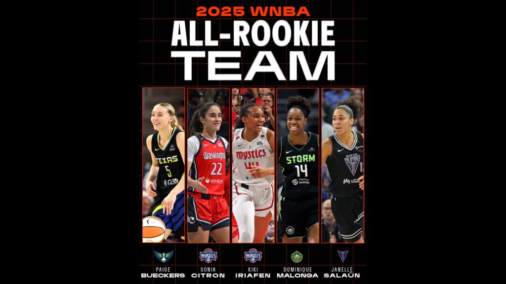 A graphic displays the five members of the 2025 WNBA All-Rookie Team.