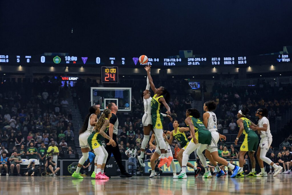 The Seattle Storm tips off against the Golden State Valkyries during a 2025 WNBA game.
