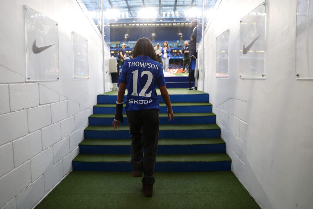 USWNT star and new Chelsea FC signee Alyssa Thompson walks out to the pitch to be introduced to WSL fans before a 2025 match.