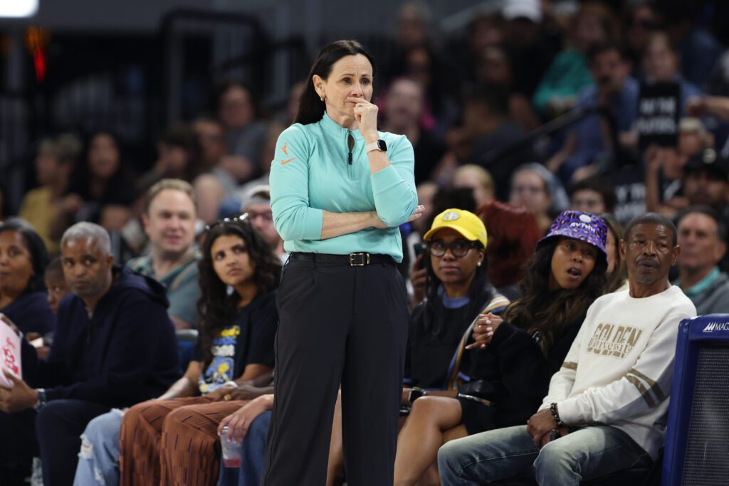 New York Liberty head coach Sandy Brondello looks on during a 2025 WNBA game.