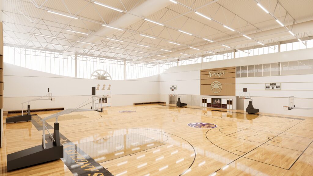 A rendering of the two full WNBA courts that will be part of the new practice facility for the LA Sparks.