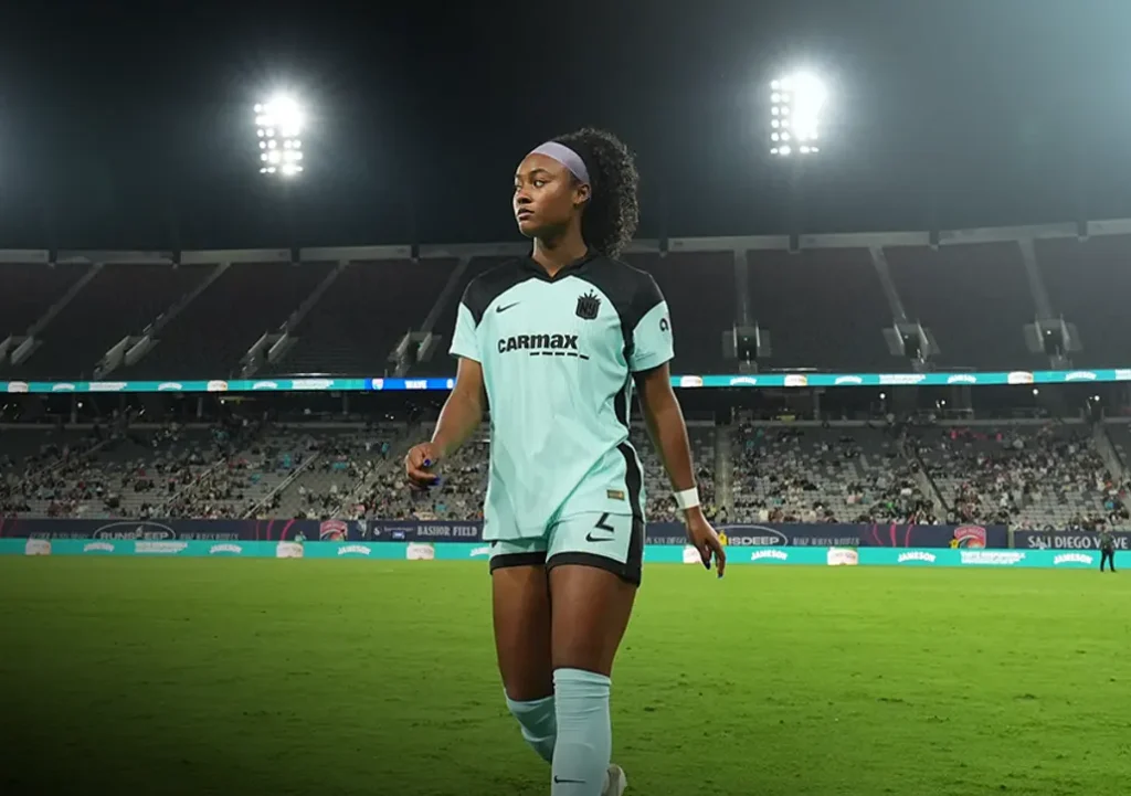 New Gotham FC addition Jaedyn Shaw walks across the pitch after her first NWSL match with the NJ/NY club.
