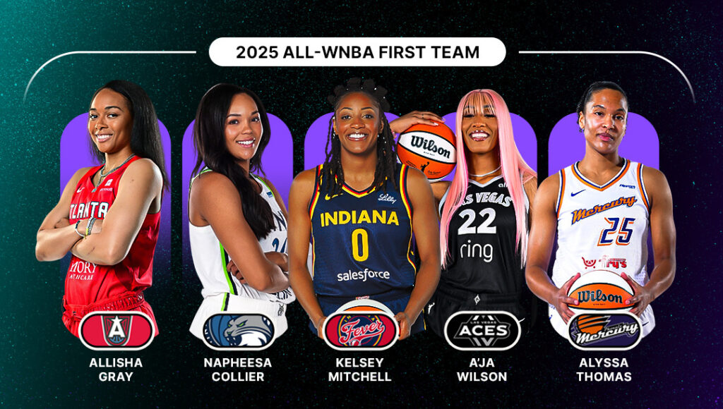 A graphic displays the five athletes named to the 2025 All-WNBA First Team.