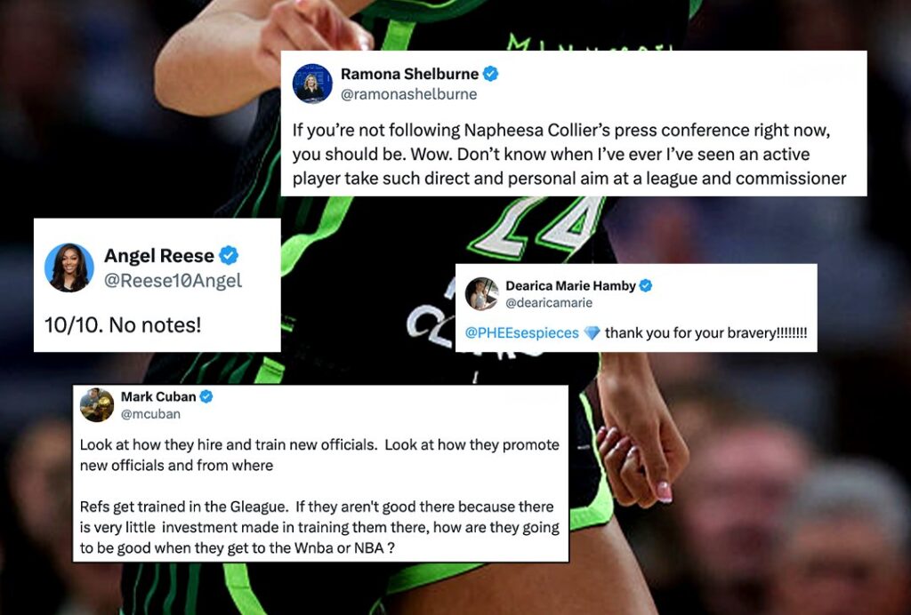 Tweets from big names in basketball like Angel Reese and Mark Cuban voice support of Naphessa Collier and her concerns about the WNBA leadership.