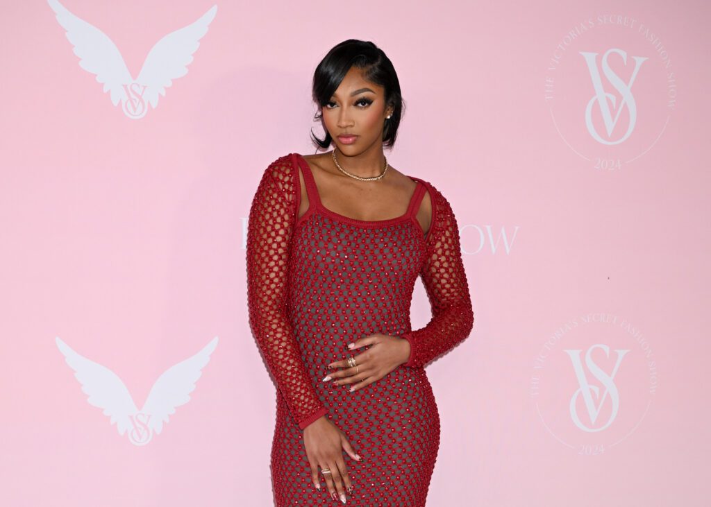 WNBA star Angel Reese poses for press before the 2024 Victoria's Secret Fashion Show.