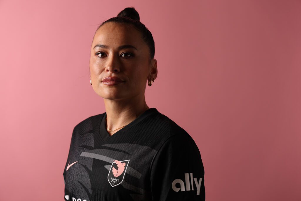 Angel City defender and captain Ali Riley poses for a photo during the NWSL club's 2025 media day.