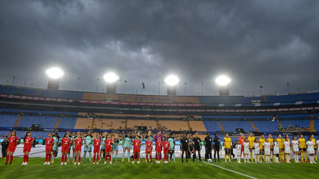 NWSL club Gotham FC and Liga MX side Club América line up before their 2025 Concacaf W Champions Cup semifinal.