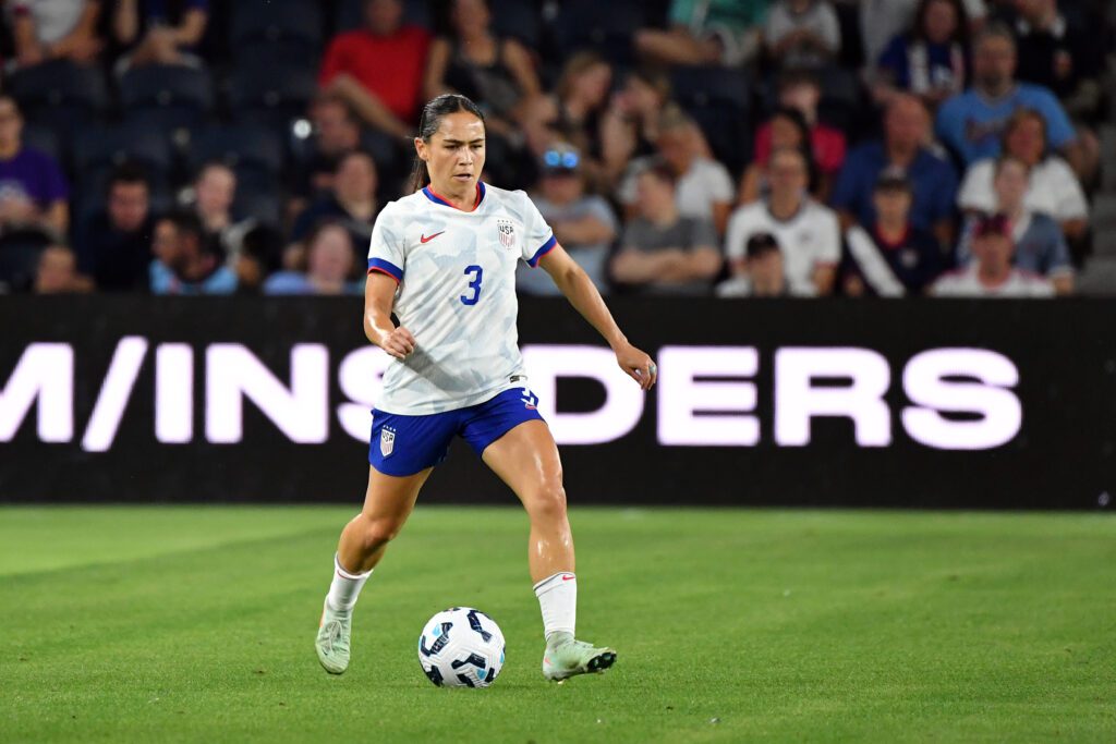 USWNT midfielder Lo'eau LaBonta controls the ball during a 2025 friendly.