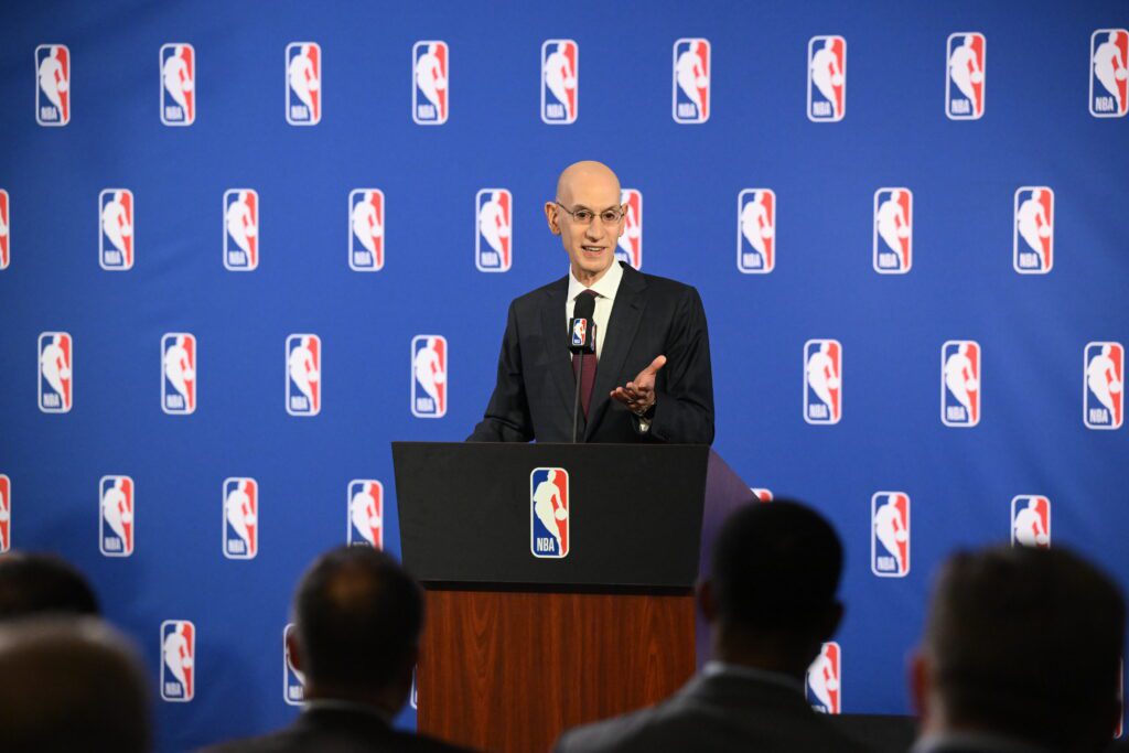 NBA commissioner Adam Silver speaks to media at a 2025 press conference.