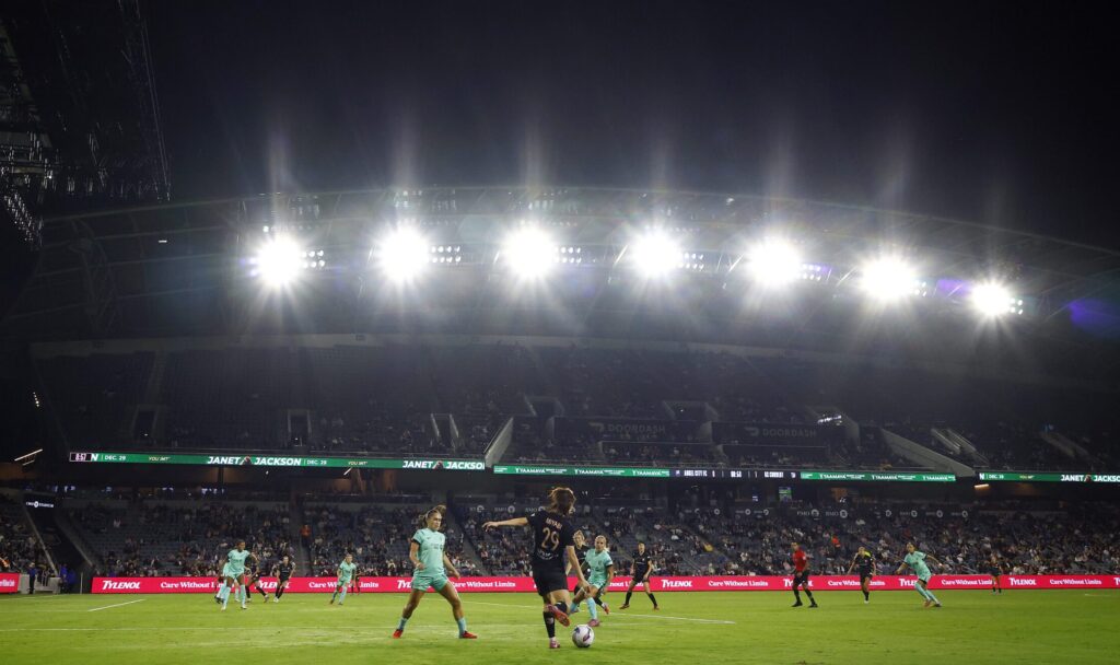 A wide view of a 2025 NWSL match between Angel City and Kansas City at LA's BMO Stadium.