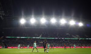 A wide view of a 2025 NWSL match between Angel City and Kansas City at LA's BMO Stadium.