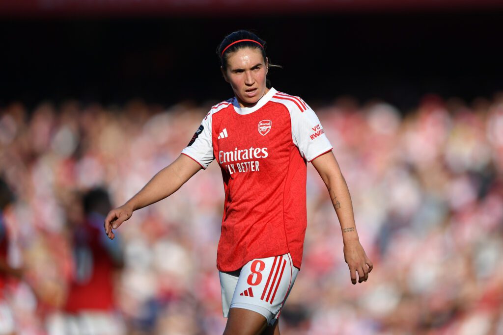 Arsenal attacker Mariona Caldentey looks across the pitch during a 2025 WSL match.