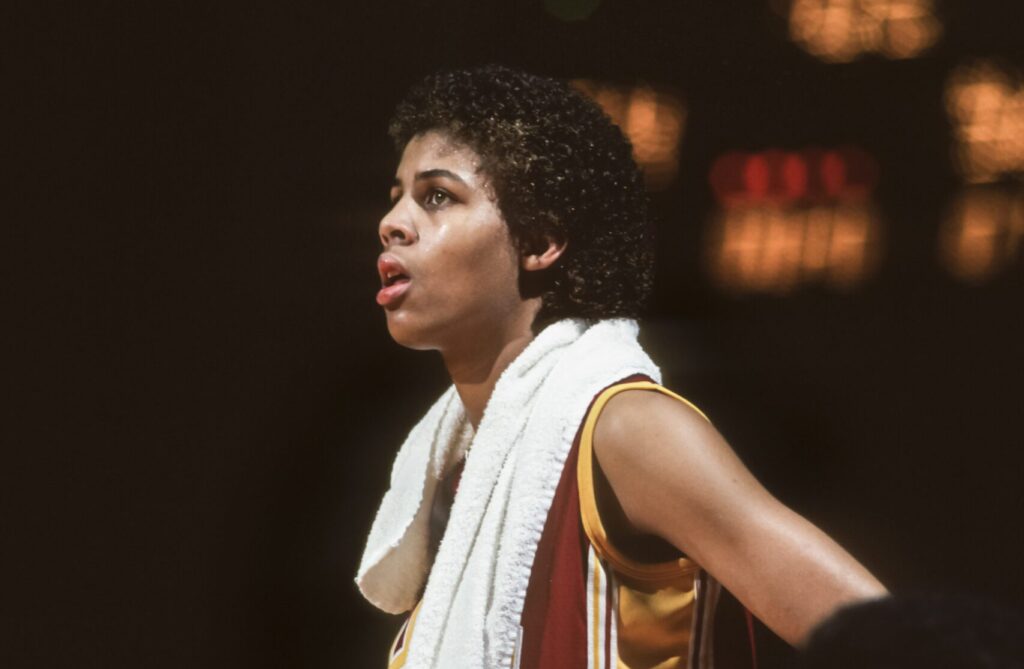 USC legend Cheryl Miller looks on during a 1983 NCAA basketball game.