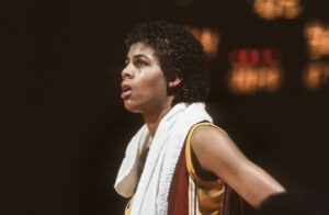 USC legend Cheryl Miller looks on during a 1983 NCAA basketball game.