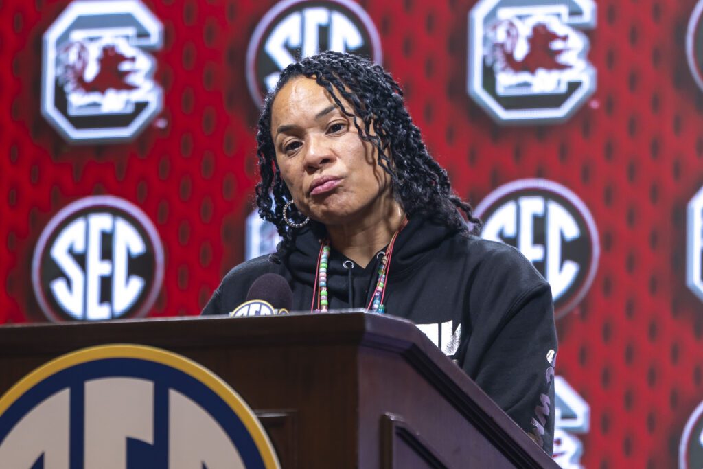 South Carolina basketball head coach Dawn Staley speaks to the press during the 2025 SEC Media Day.