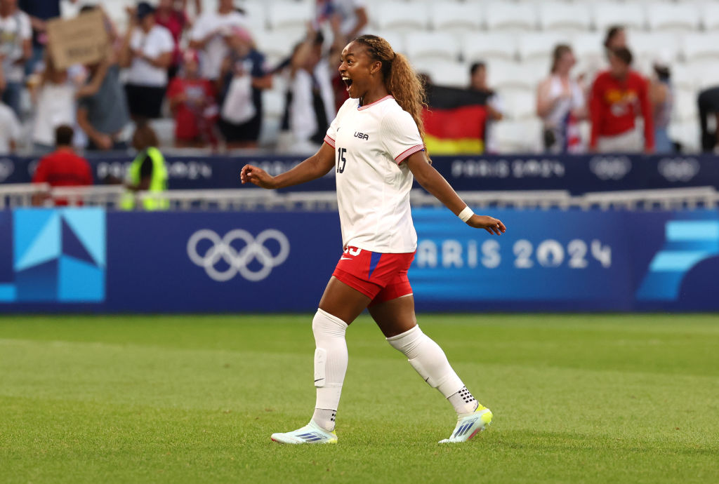 Gotham star Jaedyn Shaw #15 of Team United States reacts following her teams victory against Team Germany in the Women's semifinal match between United States of America and Germany during the Olympic Games Paris 2024 at Stade de Lyon on August 06, 2024 in Lyon, France.