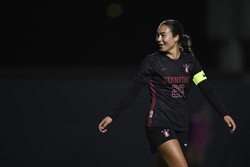 Stanford forward Andrea Kitahata looks across the pitch during a 2024 NCAA soccer tournament match.