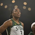 Seattle Storm star Nneka Ogwumike looks up during a 2025 WNBA Playoffs game.