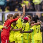 The Washington Spirit celebrate a goal from midfielder Croix Bethune during the 2025 NWSL semifinals.