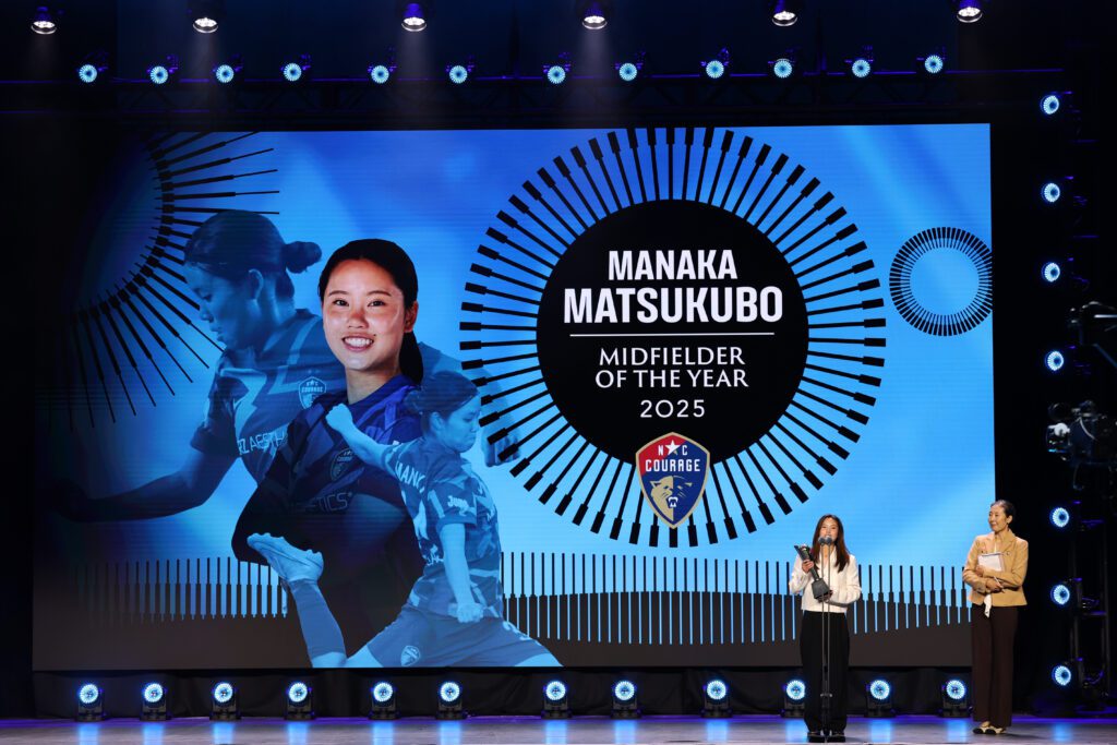Manaka Matsukubo #34 of NC Courage accepts the Midfielder of the Year award during the 2025 NWSL Awards Presented by AT&T at Montgomery Theater on November 19, 2025 in San Jose, California.