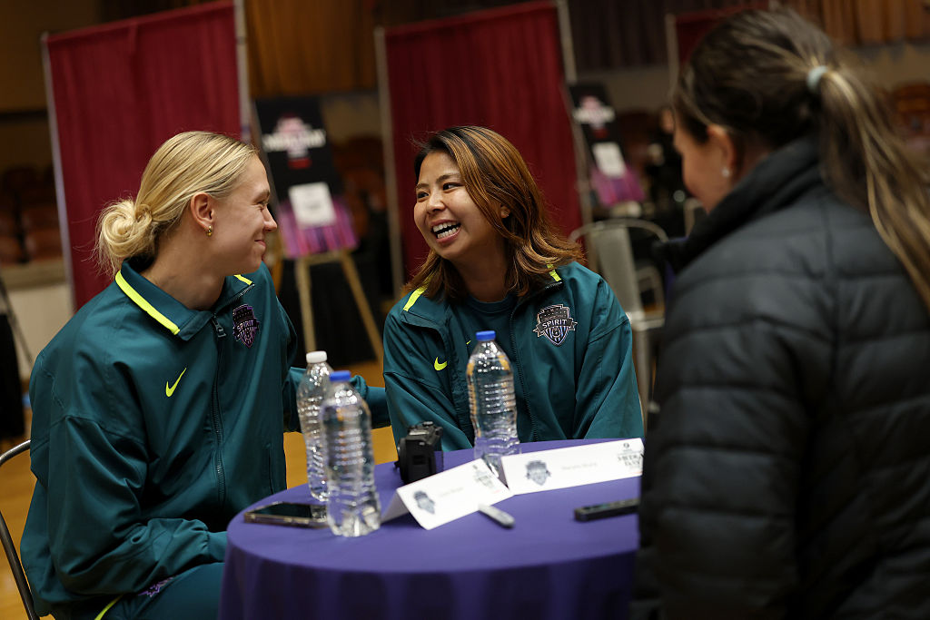 Esme Morgan #24 and Narumi Miura #5 of Washington Spirit speaks to the media during the 2025 NWSL Championship media day at San Jose Civic on November 20, 2025 in San Jose, California.  