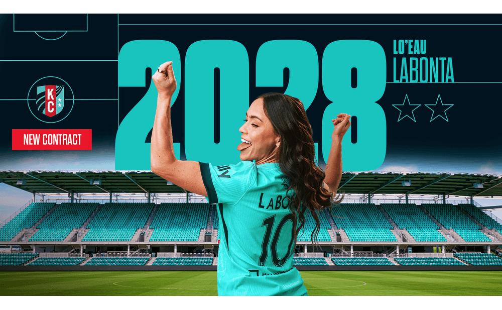 A graphic announcing her contract extension shows Kansas City Current midfielder Lo'eau LaBonta in front of the year "2028."