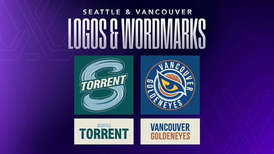 A graphic announces the names and logos of incoming 2025/26 PWHL expansion teams Seattle Torrent and Vancouver Goldeneyes.