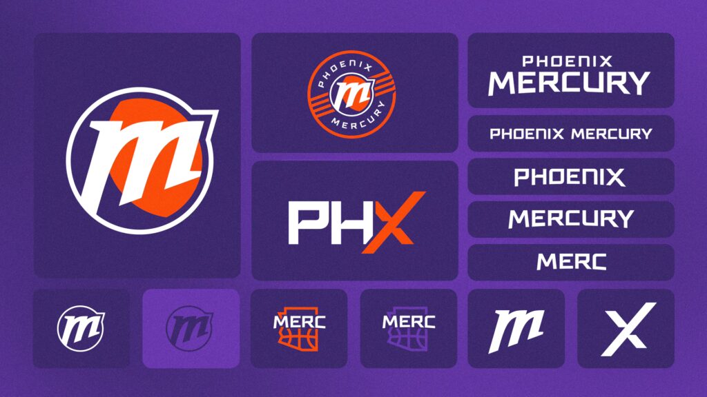 A graphic displays the various redesigns for the rebrand of the WNBA's Phoenix Mercury.