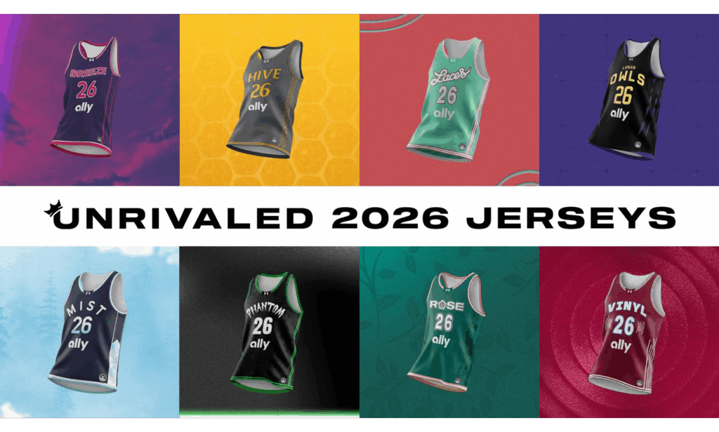 A graphic shows all eight Unrivaled team jerseys for the 2026 season.
