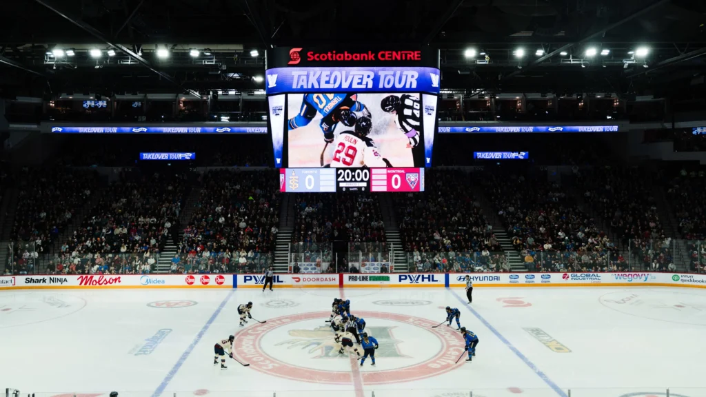 The Toronto Sceptres and Montréal Victoire await the puck drop at the first 2025/26 PWHL Takeover Tour stop in Halifax, Nova Scotia.