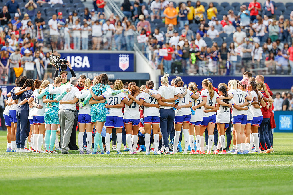 United States players huddle after playing Brazil at SoFi Stadium on April 05, 2025 in Inglewood, California.
