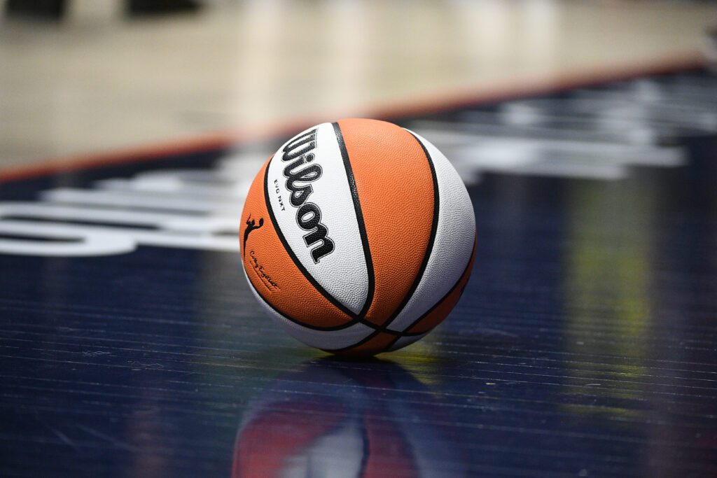 A basketball rests on the court before a 2025 WNBA game.