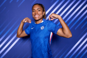 Chelsea FC attacker Catarina Macario poses in her WSL kit.