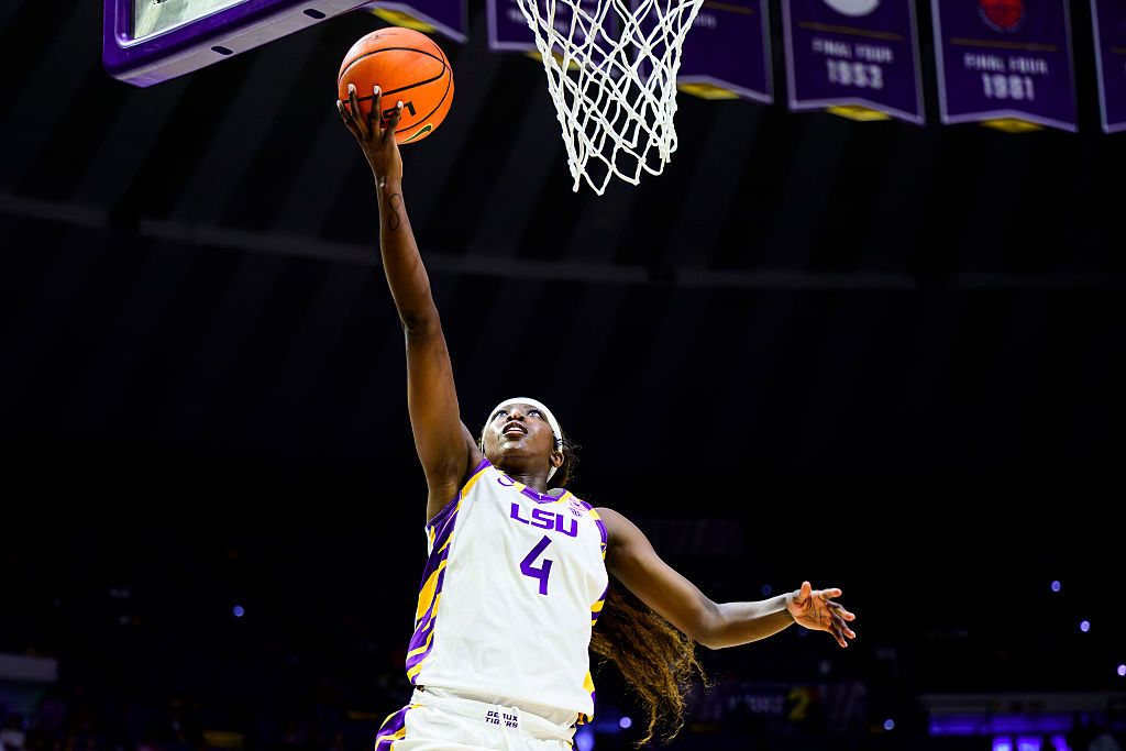 Flau'Jae Johnson #4 of the LSU Tigers in action against the Southeastern Louisiana Lions at the Pete Maravich Assembly Center on November 6, 2025 in Baton Rouge, Louisiana.