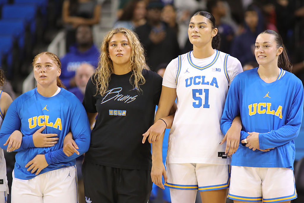 Megan Grant (43), forward Sienna Betts (16), center Lauren Betts (51) and forward Angela Dugalic (32) during the women's college basketball game between the UC Santa Barbara Gauchos and the UCLA Bruins on November 06, 2025, at Pauley Pavilion in Los Angeles, CA. 