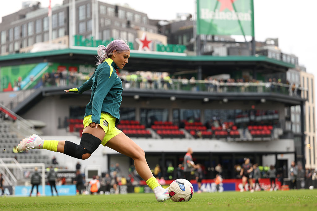 Trinity Rodman #2 of Washington Spirit warms up prior to the NWSL semifinal match between Washington Spirit and Portland Thorns as part of the 2025 NWSL Playoffs at Audi Field on November 15, 2025 in Washington, DC.