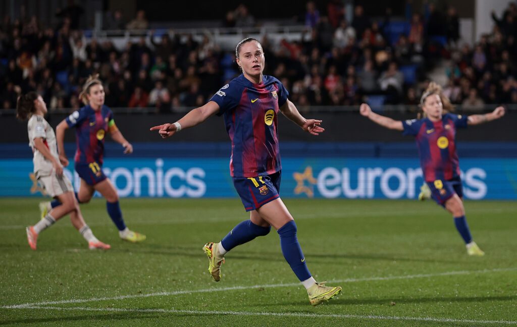 Barcelona striker Ewa Pajor celebrates her goal during the fifth league-phase matchday of 2025/26 Champions League play.