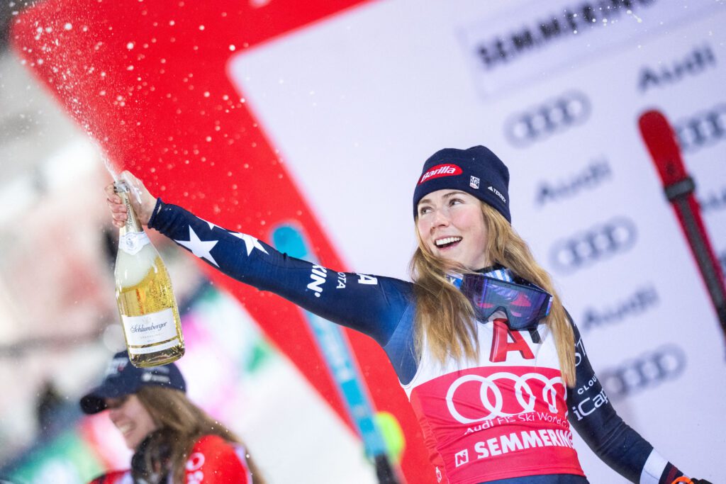US ski star Mikaela Shiffrin celebrates a 2025 FIS Alpine World Cup win.