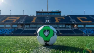 A Boston Legacy FC soccer ball rests on the pitch at Rhode Island's Centreville Bank Stadium.