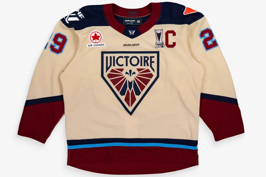 A game-worn 2025 PWHL Playoffs jersey from Montréal Victoire captain Marie-Philip Poulin.