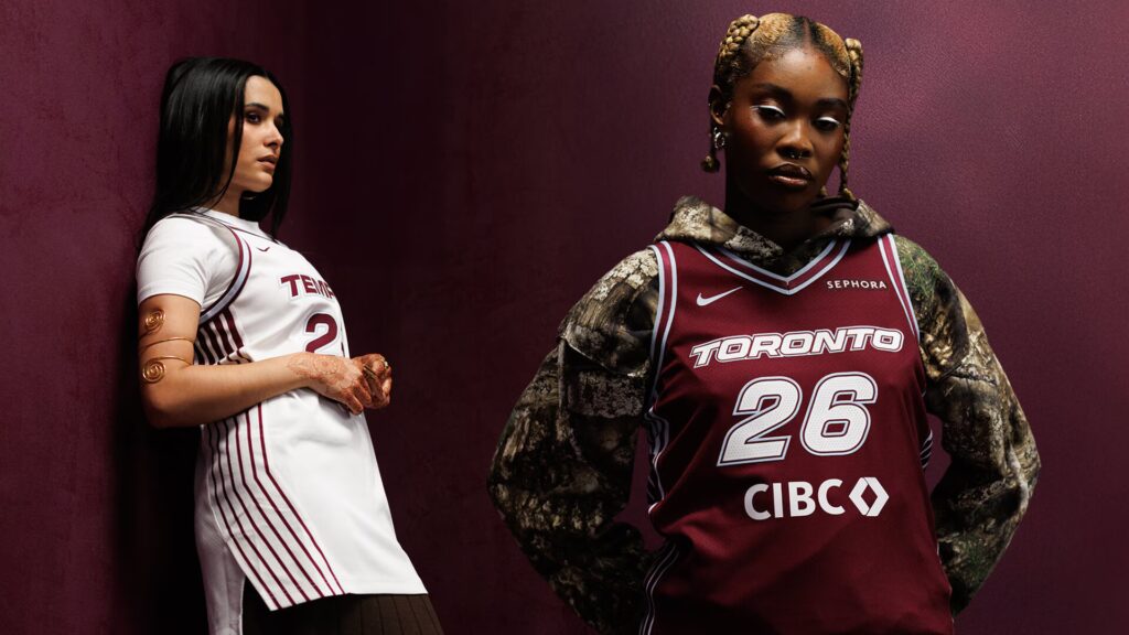 Models wear the debut jerseys of 2026 WNBA expansion side Toronto Tempo.