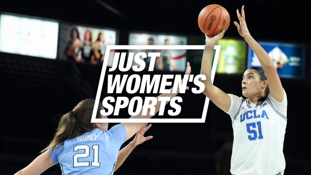 Graphic showing UCLA center Lauren Betts shooting the ball over a UNC player.