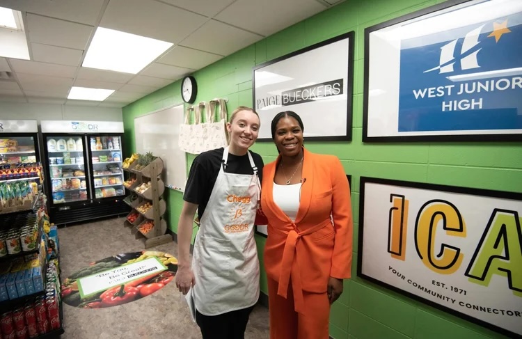 Unrivaled Basketball star Paige Bueckers at the relaunch of Hopkins West Middle School’s Food Market in Minnesota, a partnership with ICA Food Shelf, that she has supported since 2023.