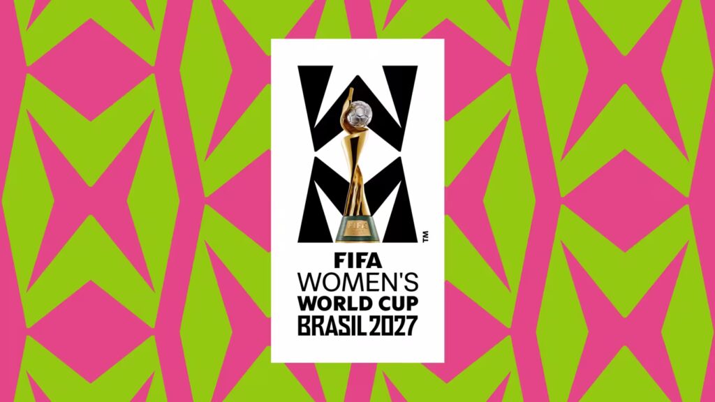 The 2027 FIFA Women's World Cup logo is displayed on a green and pink graphic background.