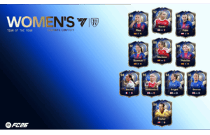 A graphic displays the 11 players named to the EA FC 26 Women's Team of the Year.