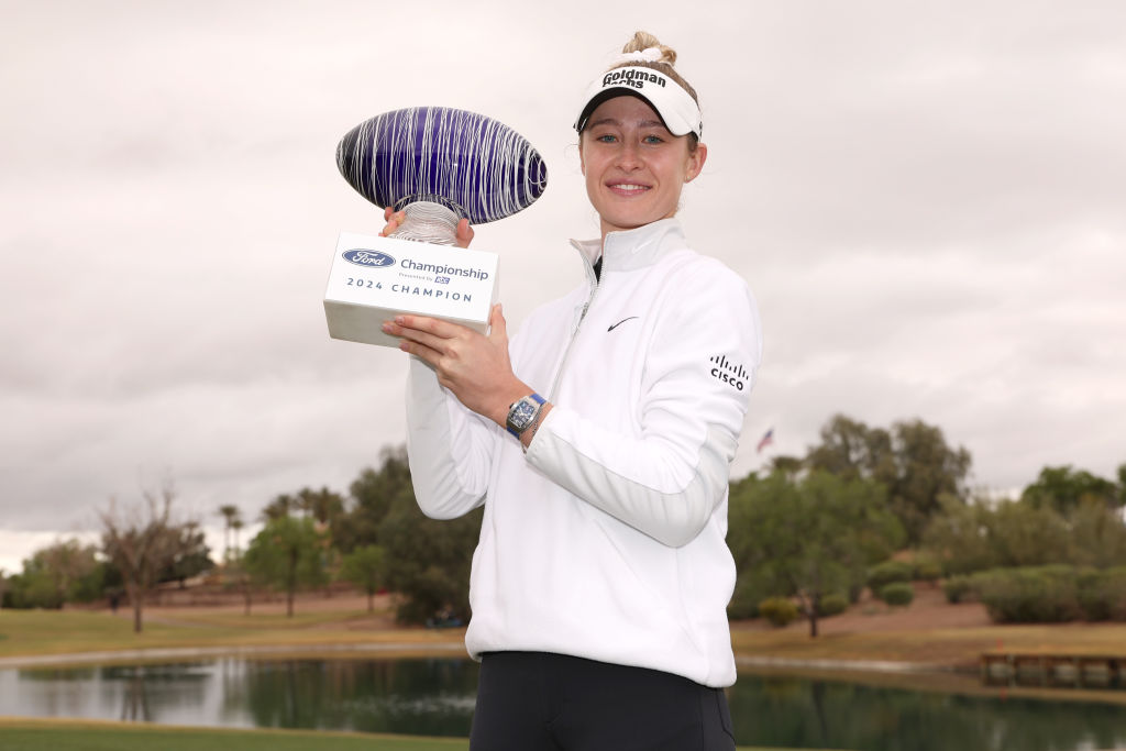 Nelly Korda of the United States poses with the trophy after the final round of the Ford Championship presented by KCC at Seville Golf and Country Club on March 31, 2024 in Phoenix, Arizona.