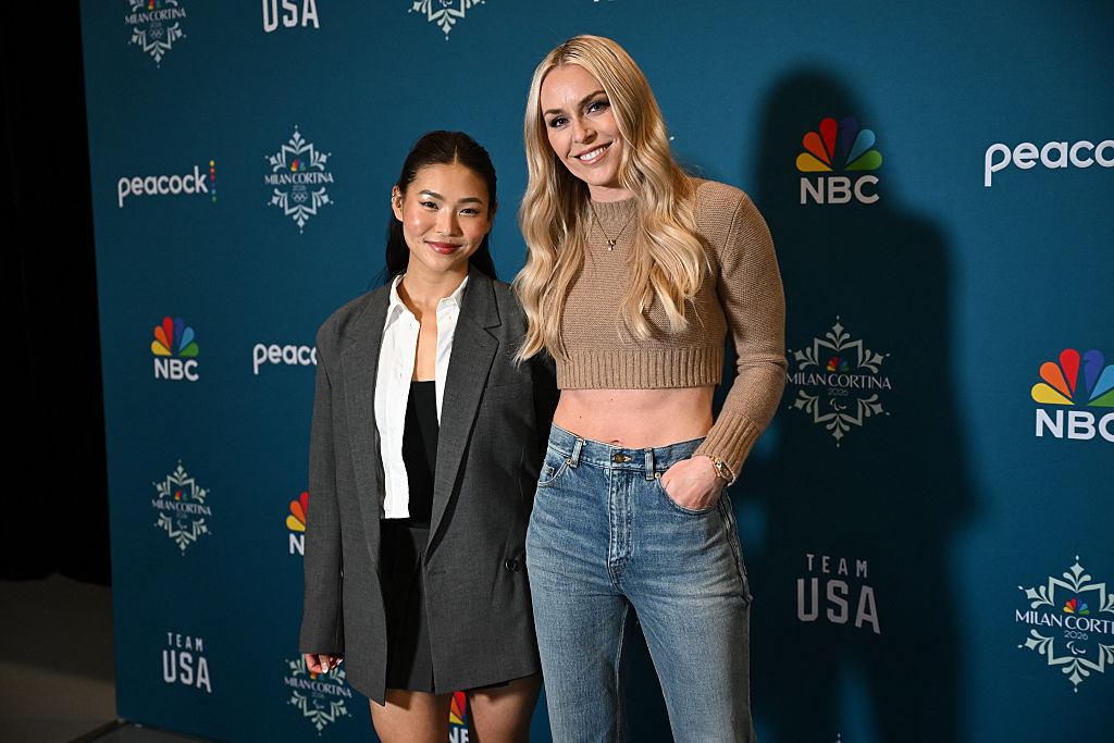 US snowboarder Chloe Kim (L) and US skier Lindsey Vonn stand for a photograph during an NBC Universal Team USA filming event ahead of the 2026 Winter Olympics on a sound stage at the Sunset Glenoaks studios in Los Angeles, California on May 21, 2025.
