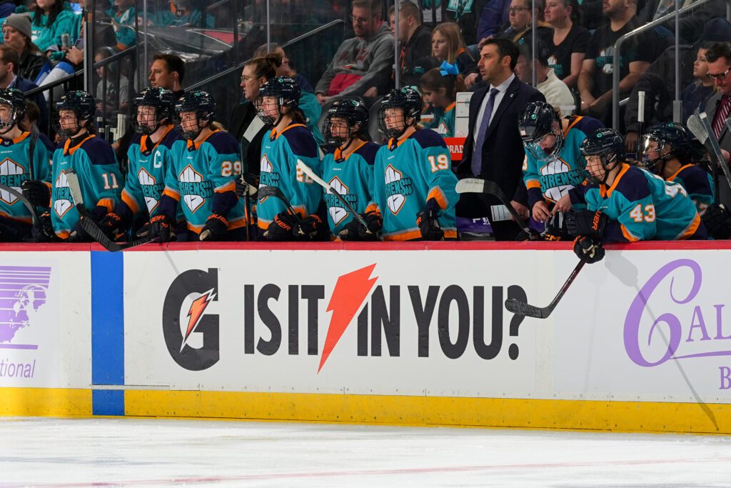 The New York Sirens bench watches during a 2025/26 PWHL game.