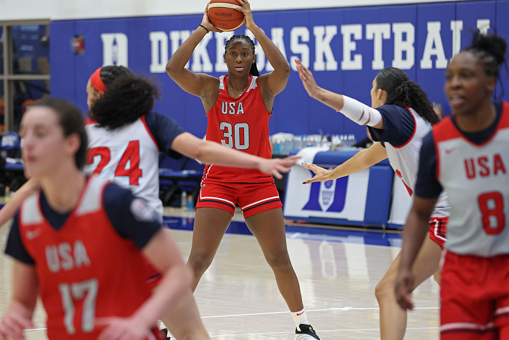 Aliyah Boston #30 looks to pass the ball during the United States Women's Basketball Team Training Camp on December 12, 2025 at Duke University in Durham, North Carolina. 